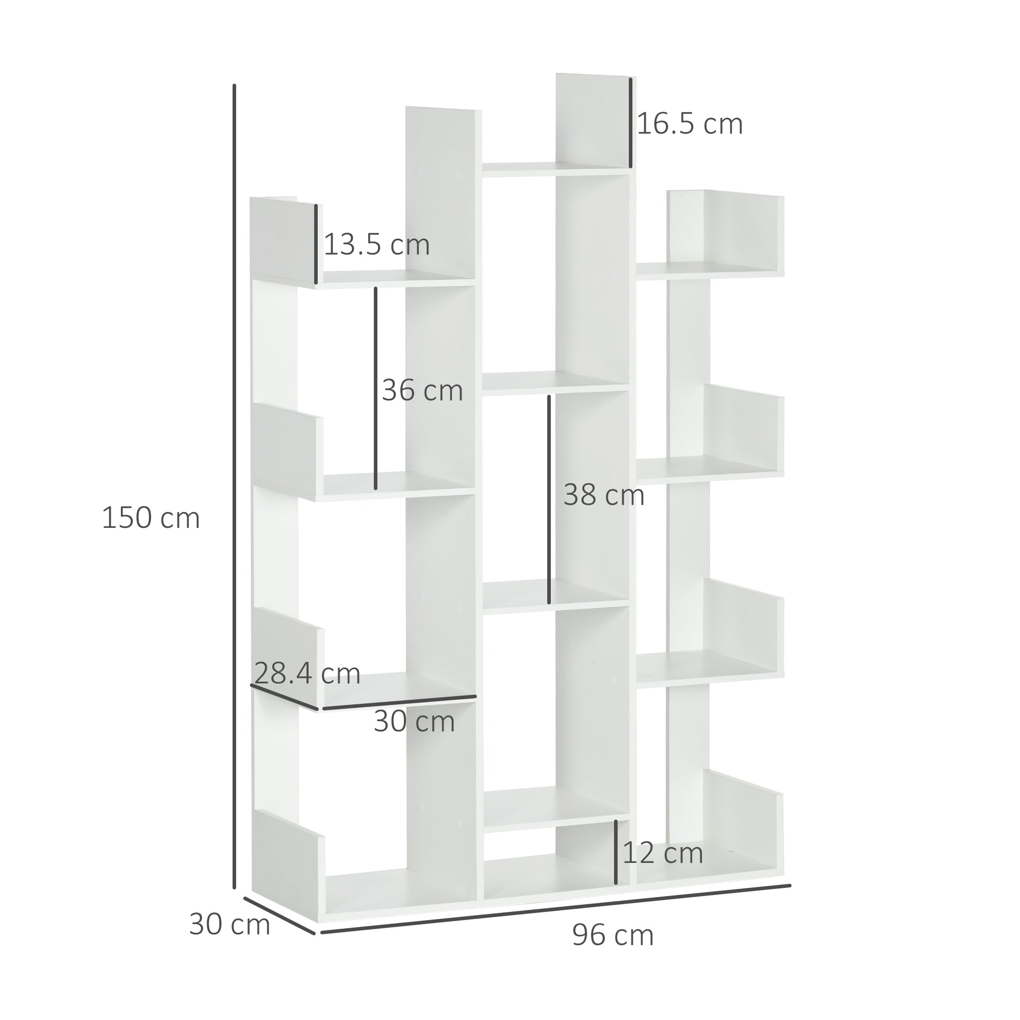 Tree Shaped Bookcase with 13 Shelves, Modern Wooden Bookshelf for Living Room, Study, Office, White
