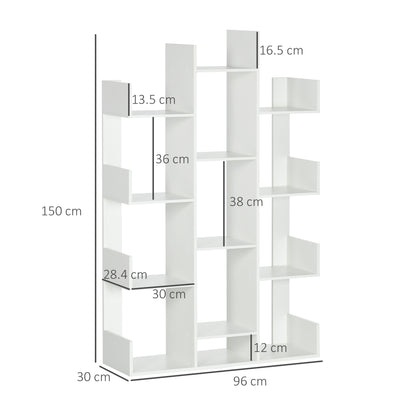 Tree Shaped Bookcase with 13 Shelves, Modern Wooden Bookshelf for Living Room, Study, Office, White