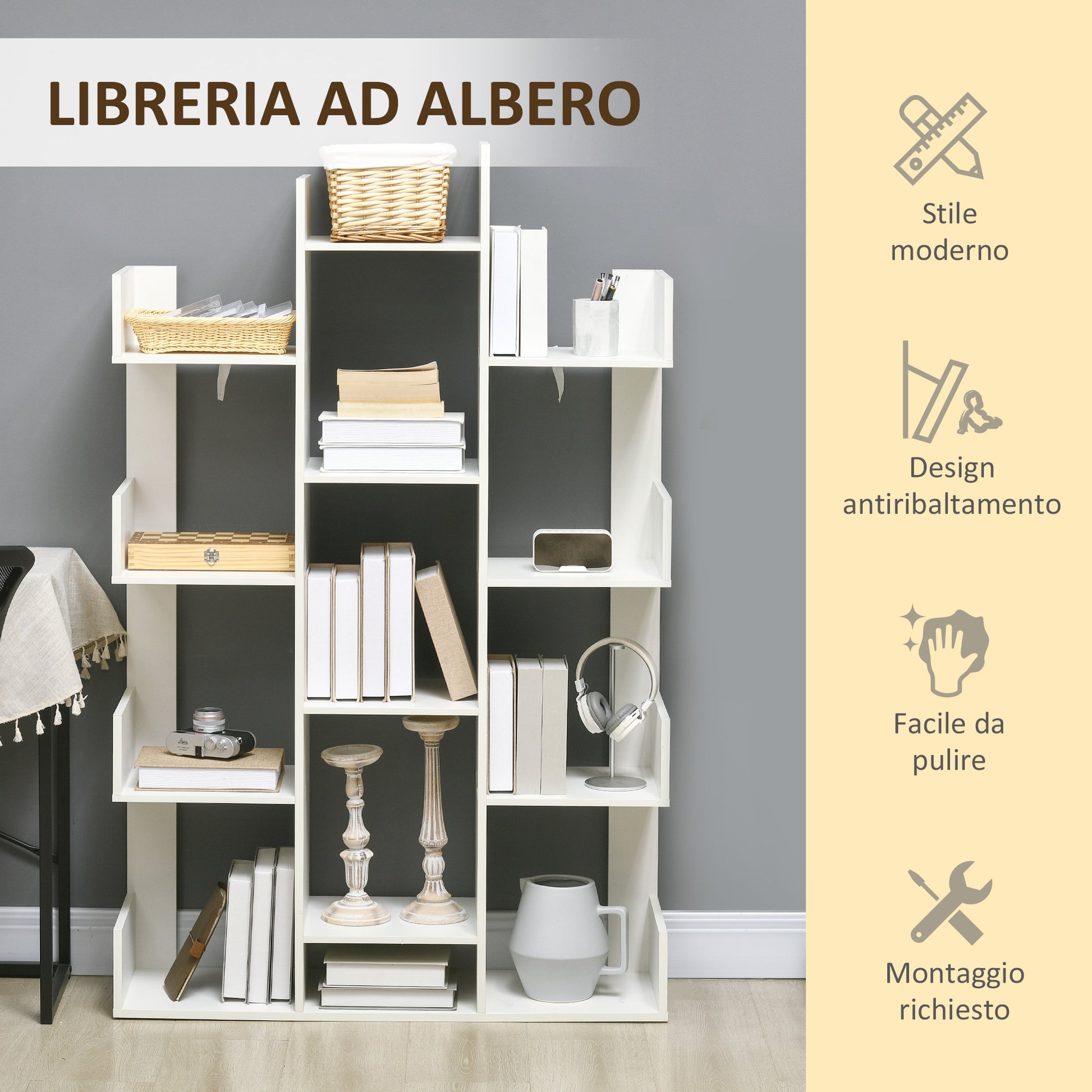 Tree Shaped Bookcase with 13 Shelves, Modern Wooden Bookshelf for Living Room, Study, Office, White