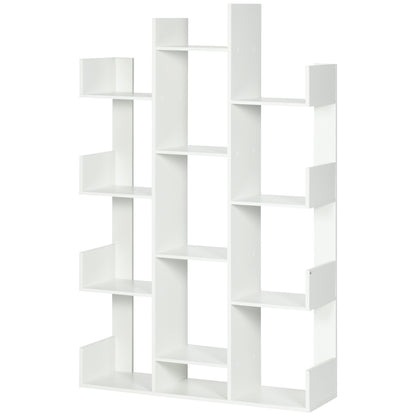Tree Shaped Bookcase with 13 Shelves, Modern Wooden Bookshelf for Living Room, Study, Office, White