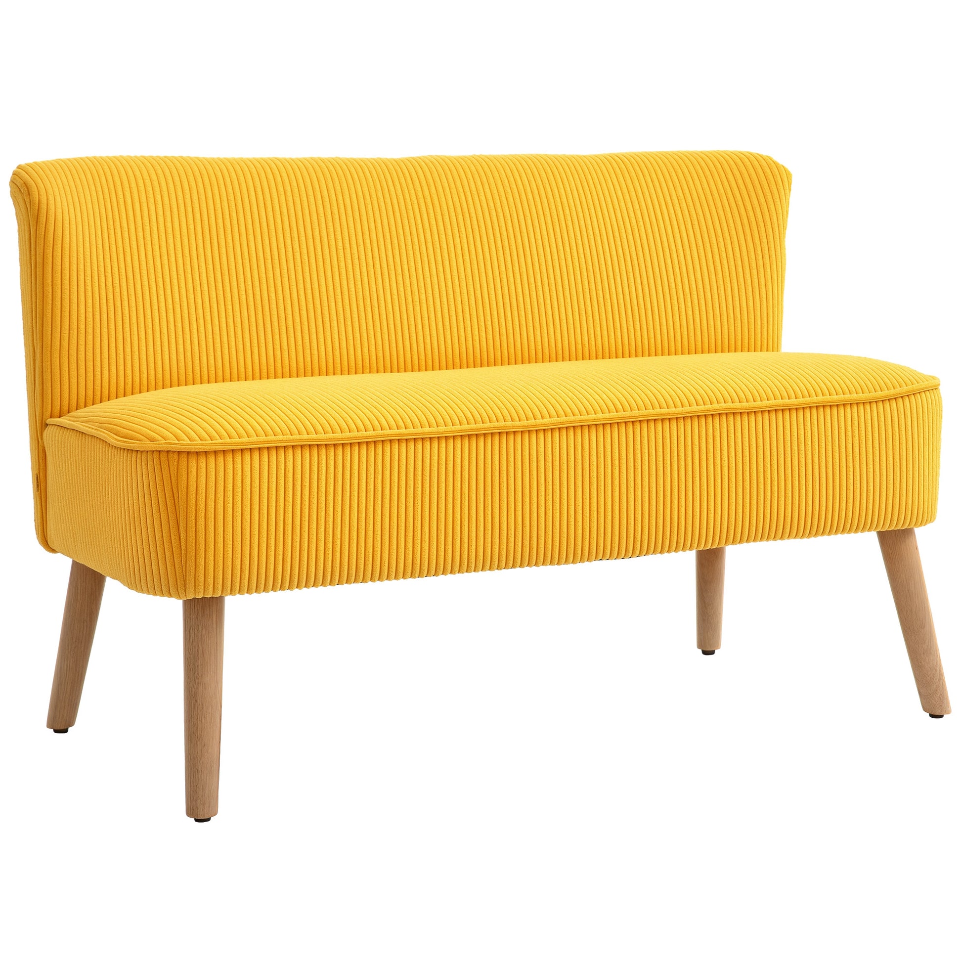 Sofa 2 Seater Modern Couch Armless Upholstered Sofa with Corduroy Look, Small Lounge Sofa with Wooden Legs for Living Room, 117 x 56.5 x 77 cm, Yellow