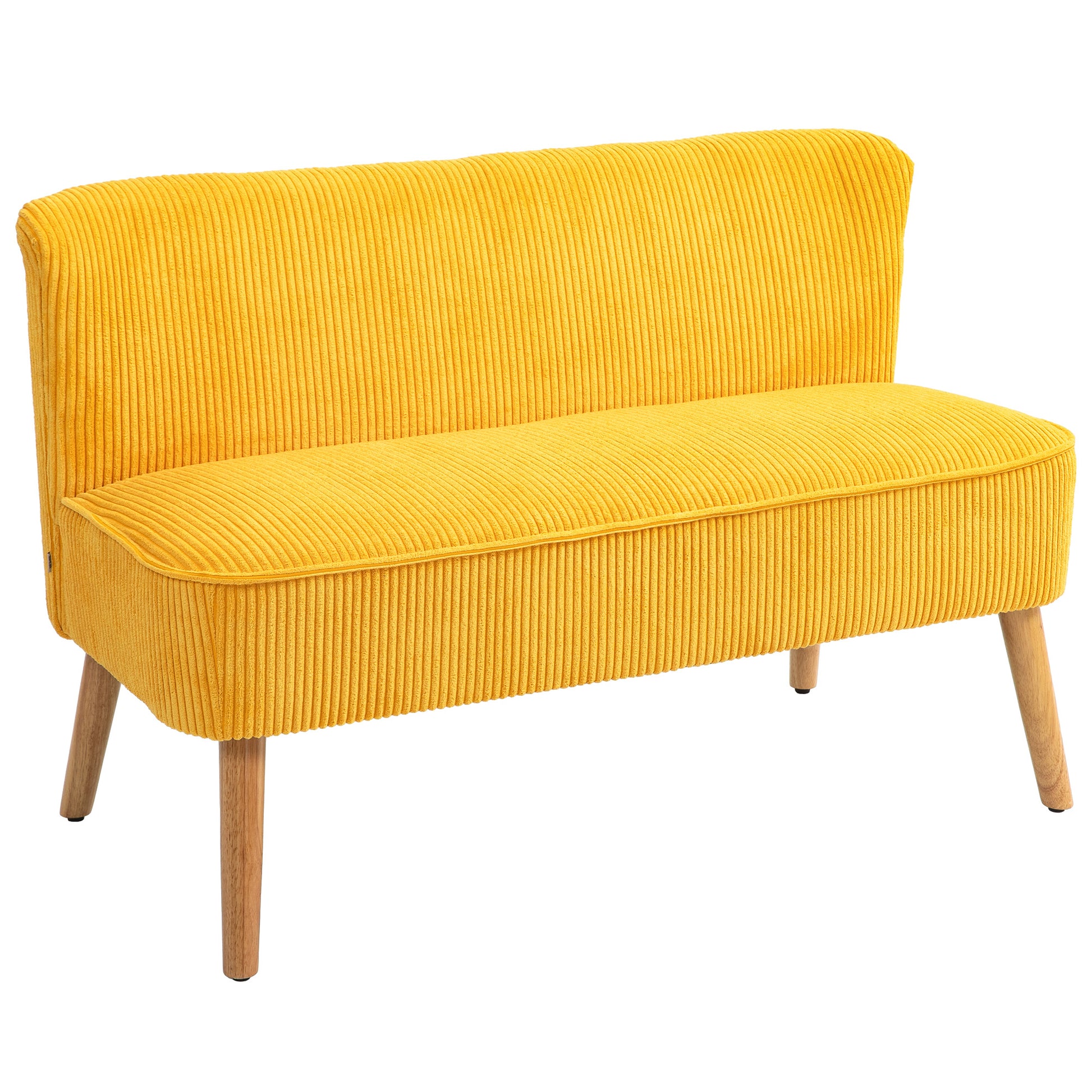 Sofa 2 Seater Modern Couch Armless Upholstered Sofa with Corduroy Look, Small Lounge Sofa with Wooden Legs for Living Room, 117 x 56.5 x 77 cm, Yellow