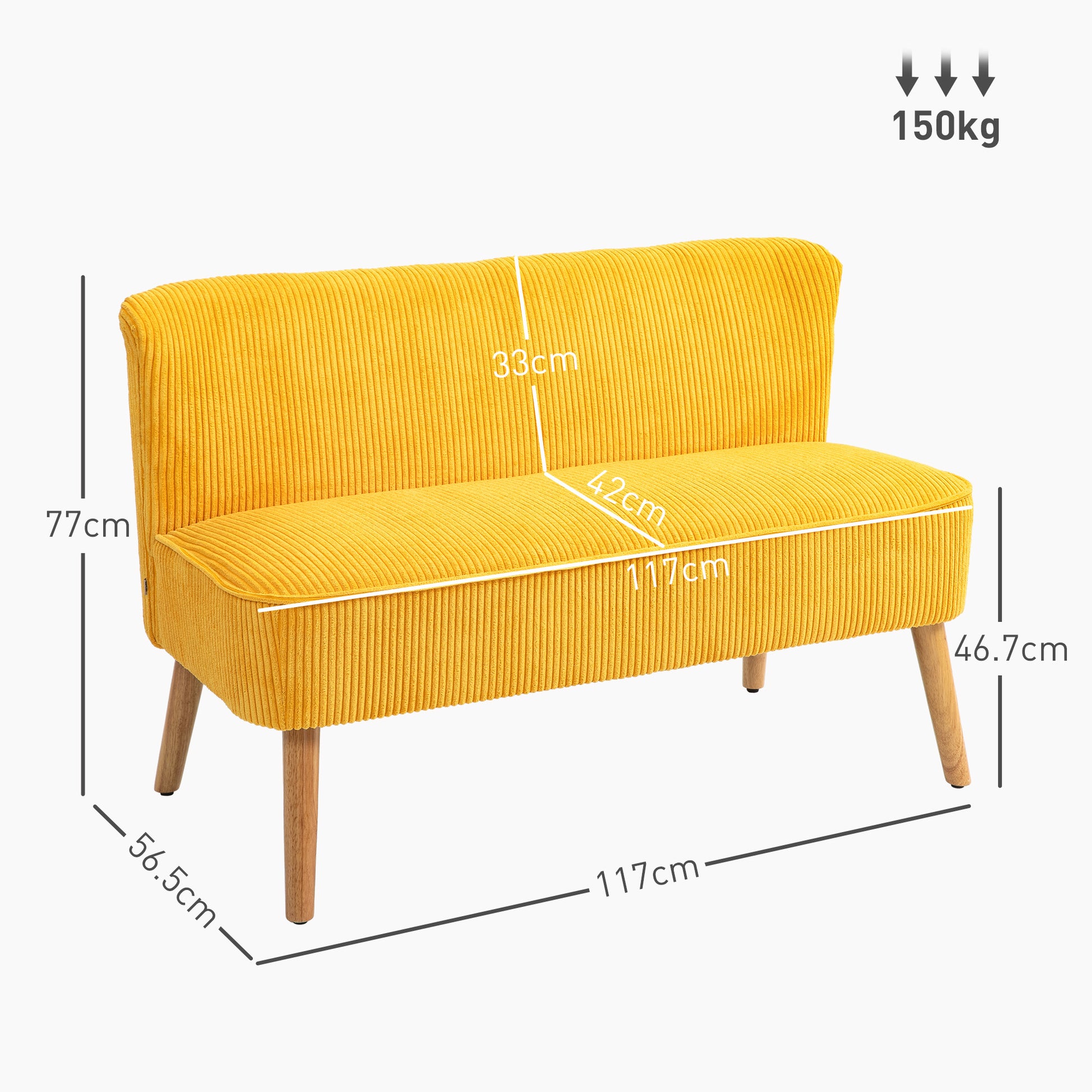 Sofa 2 Seater Modern Couch Armless Upholstered Sofa with Corduroy Look, Small Lounge Sofa with Wooden Legs for Living Room, 117 x 56.5 x 77 cm, Yellow