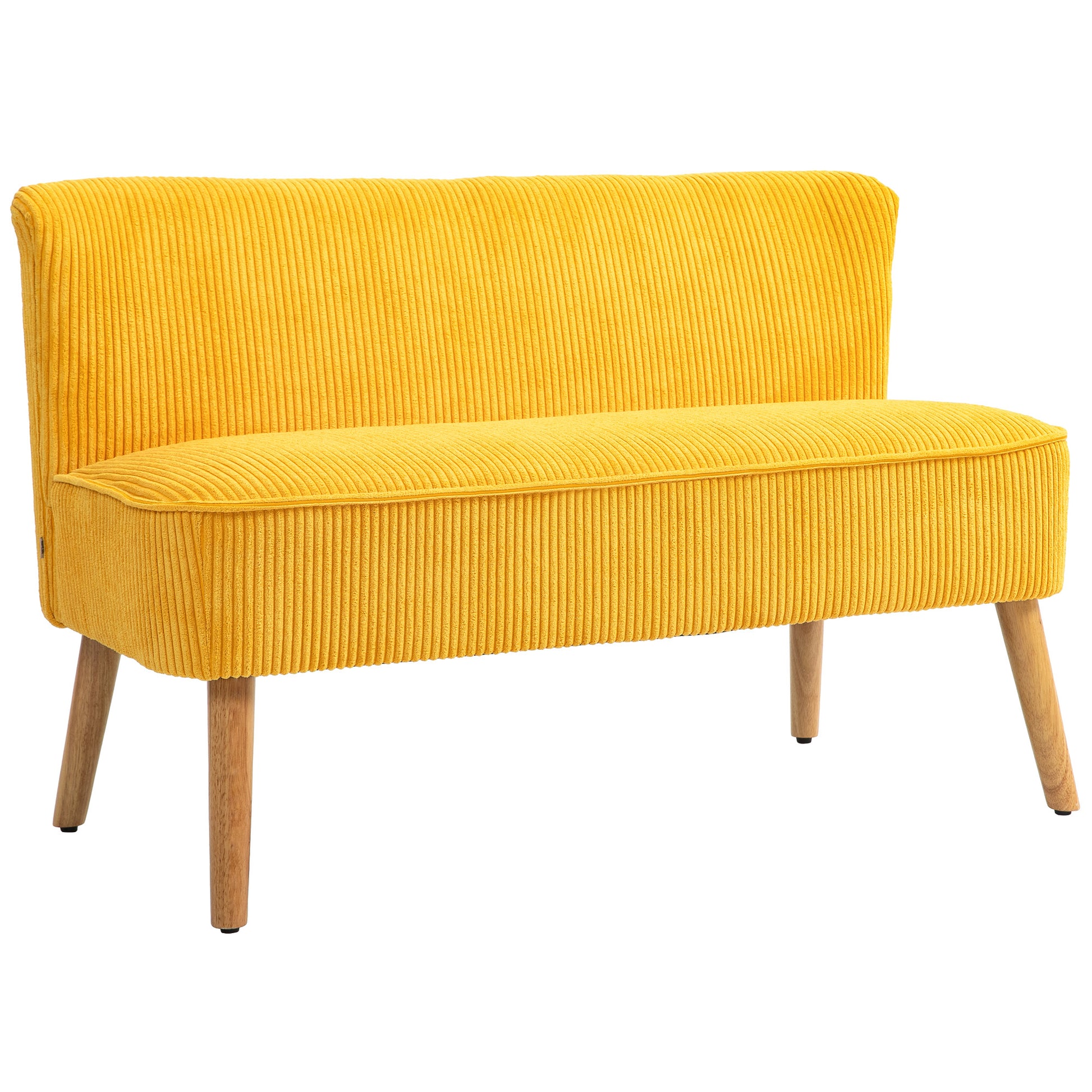 Sofa 2 Seater Modern Couch Armless Upholstered Sofa with Corduroy Look, Small Lounge Sofa with Wooden Legs for Living Room, 117 x 56.5 x 77 cm, Yellow