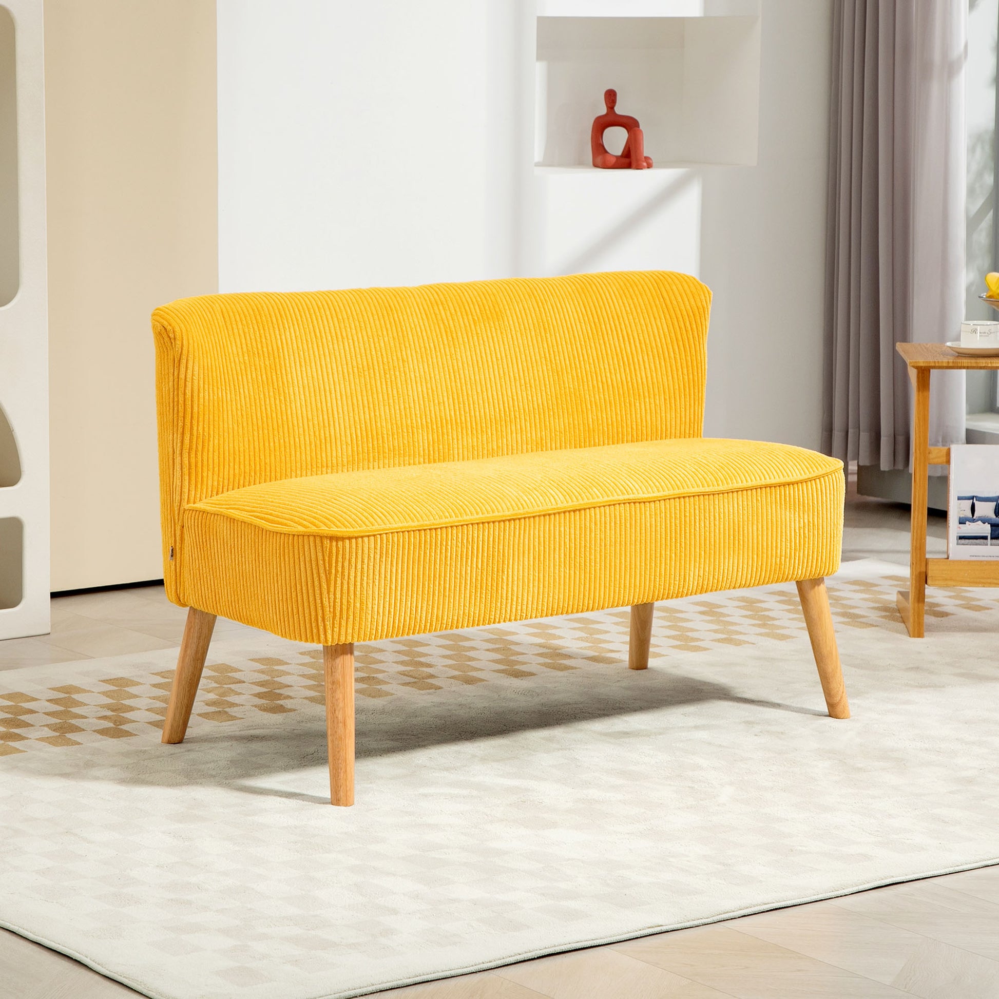 Sofa 2 Seater Modern Couch Armless Upholstered Sofa with Corduroy Look, Small Lounge Sofa with Wooden Legs for Living Room, 117 x 56.5 x 77 cm, Yellow