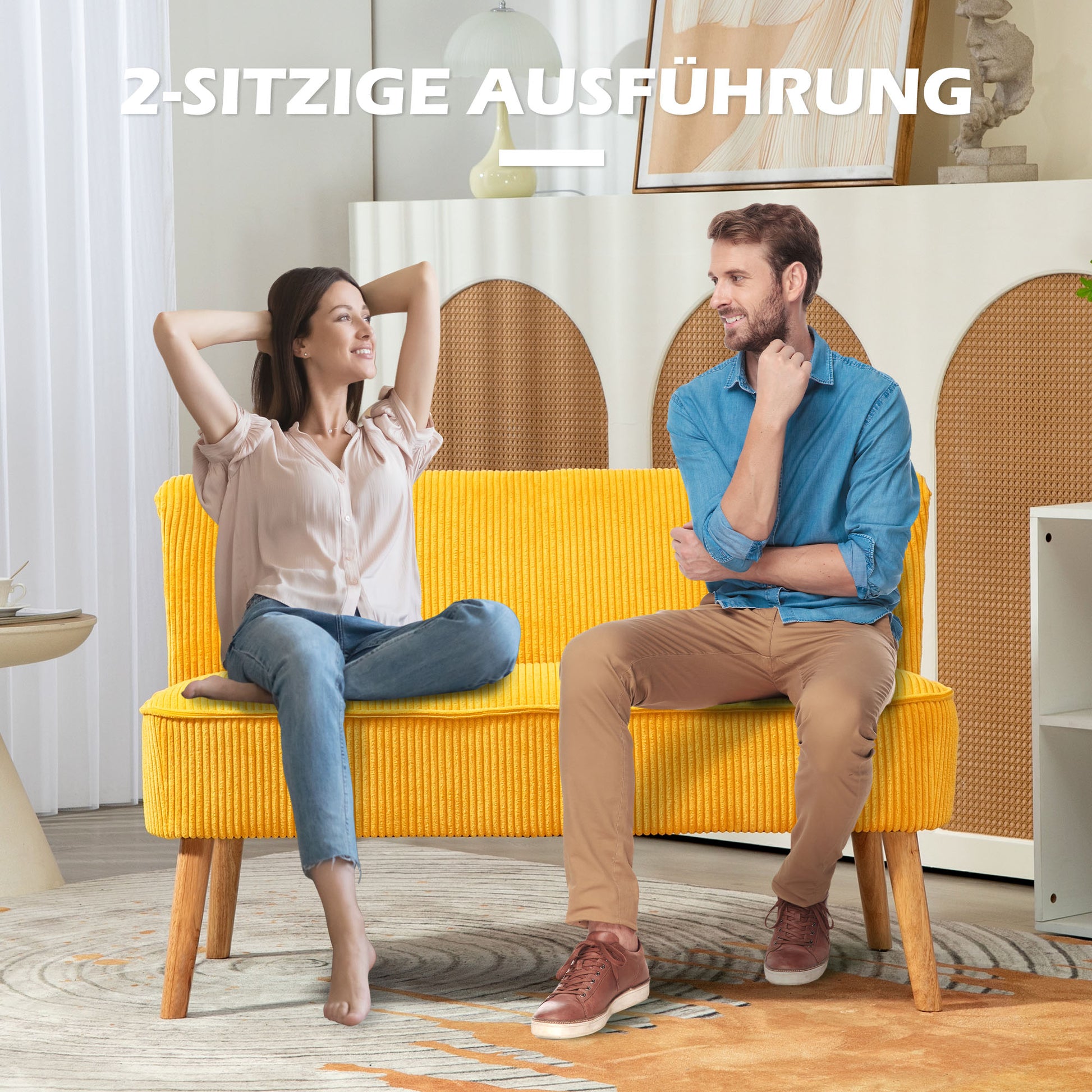 Sofa 2 Seater Modern Couch Armless Upholstered Sofa with Corduroy Look, Small Lounge Sofa with Wooden Legs for Living Room, 117 x 56.5 x 77 cm, Yellow