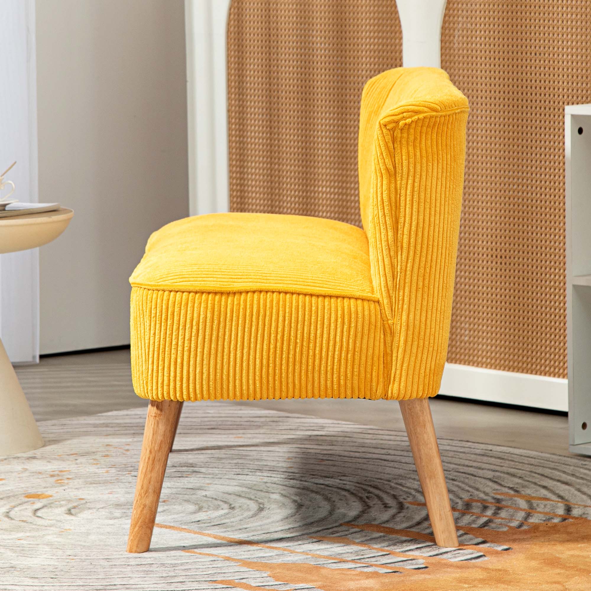Sofa 2 Seater Modern Couch Armless Upholstered Sofa with Corduroy Look, Small Lounge Sofa with Wooden Legs for Living Room, 117 x 56.5 x 77 cm, Yellow