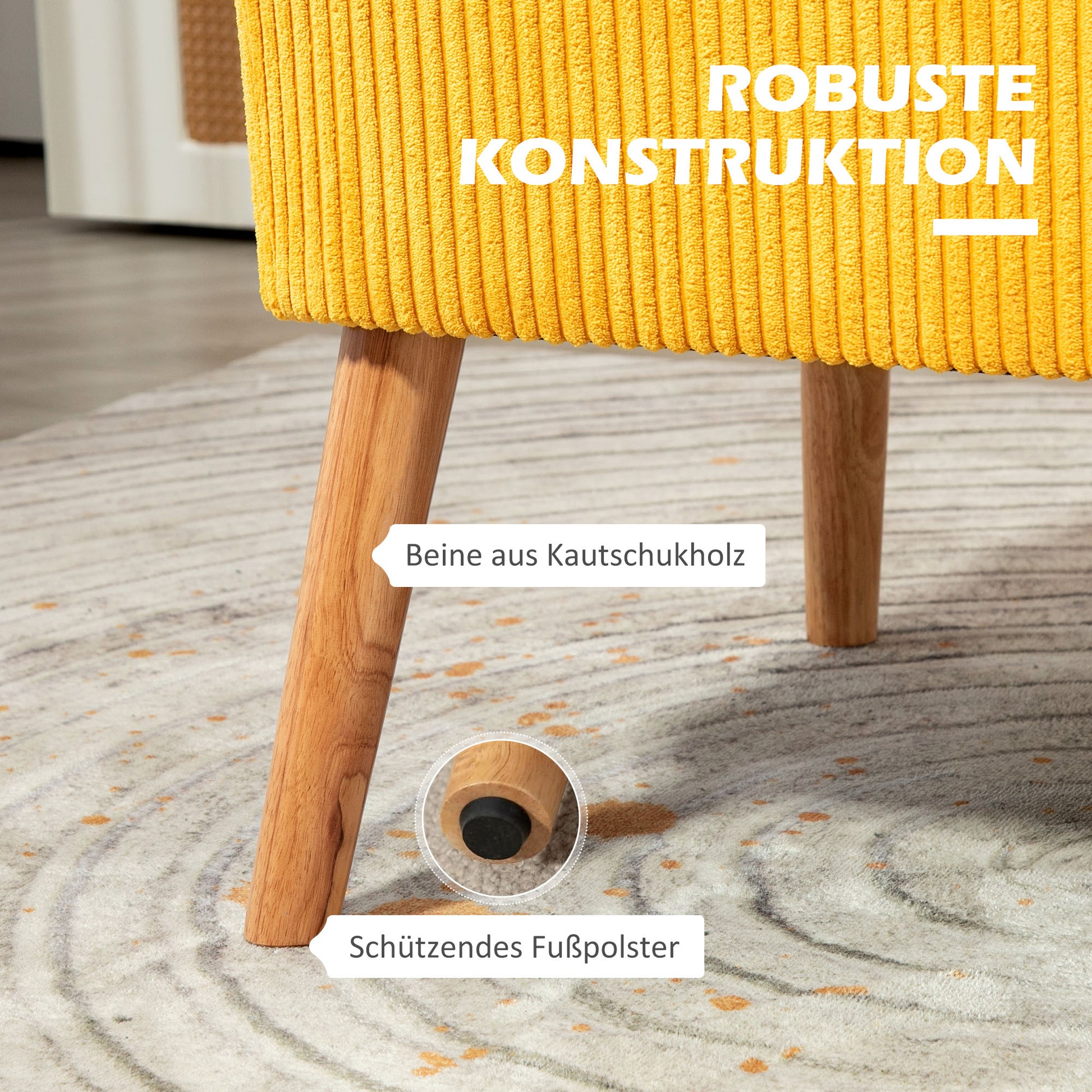 Sofa 2 Seater Modern Couch Armless Upholstered Sofa with Corduroy Look, Small Lounge Sofa with Wooden Legs for Living Room, 117 x 56.5 x 77 cm, Yellow