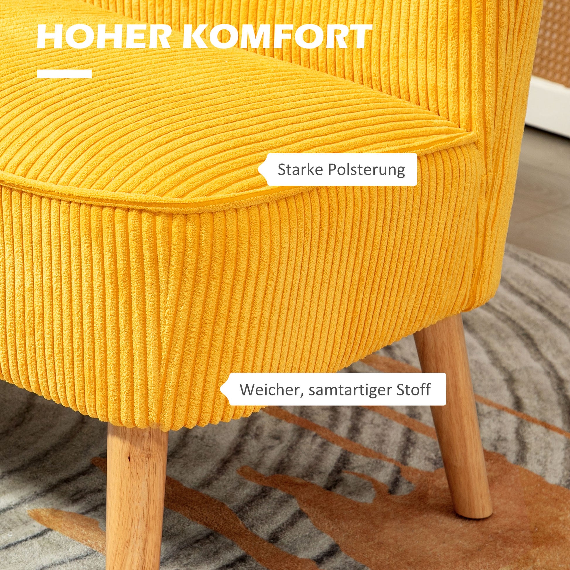 Sofa 2 Seater Modern Couch Armless Upholstered Sofa with Corduroy Look, Small Lounge Sofa with Wooden Legs for Living Room, 117 x 56.5 x 77 cm, Yellow