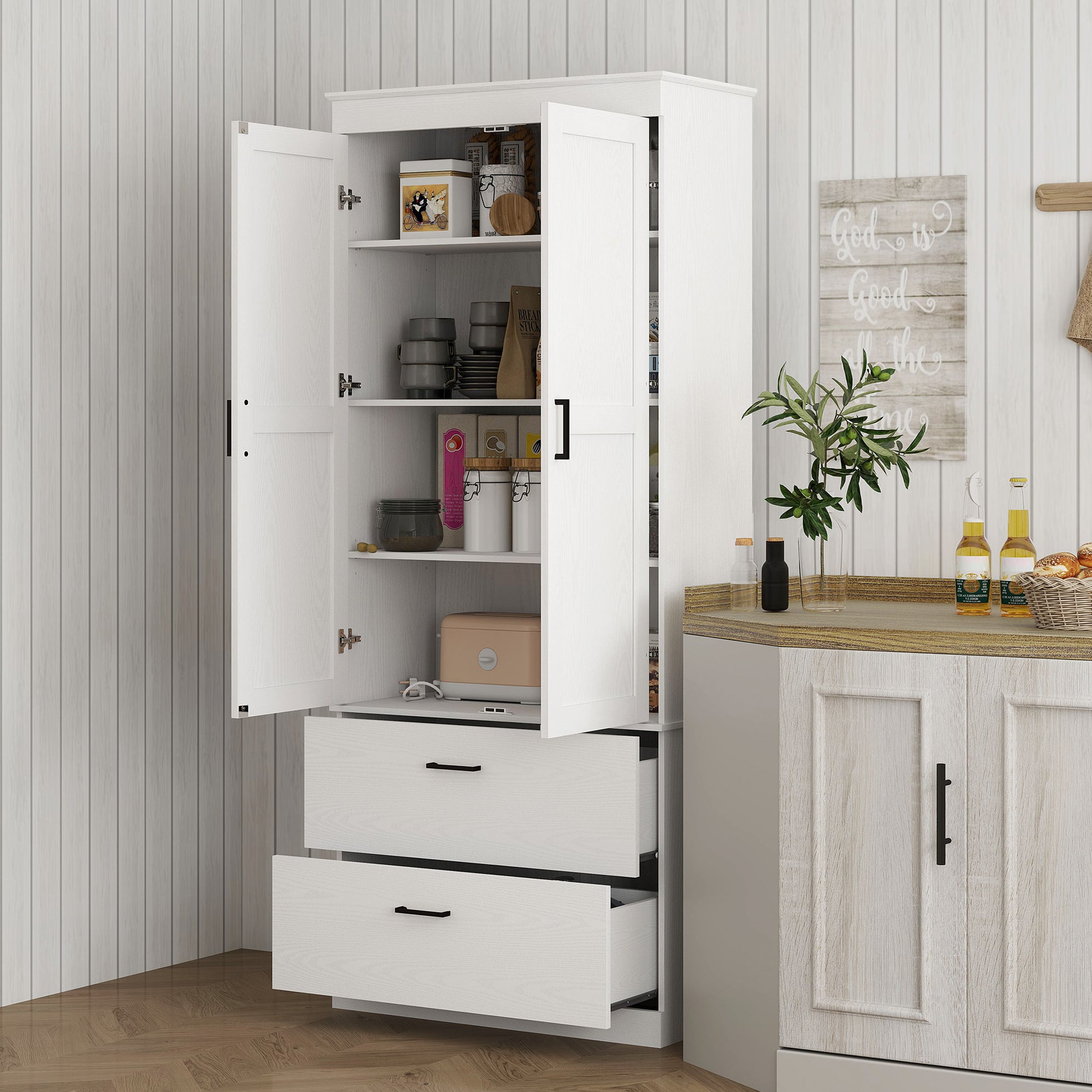 Kitchen Cabinet, Tall Cabinet with Adjustable Shelf, Drawer, Buffet Cabinet Storage Cabinet with Country-style Display Cabinet for Dining Room Kitchen 75x39x178 cm White