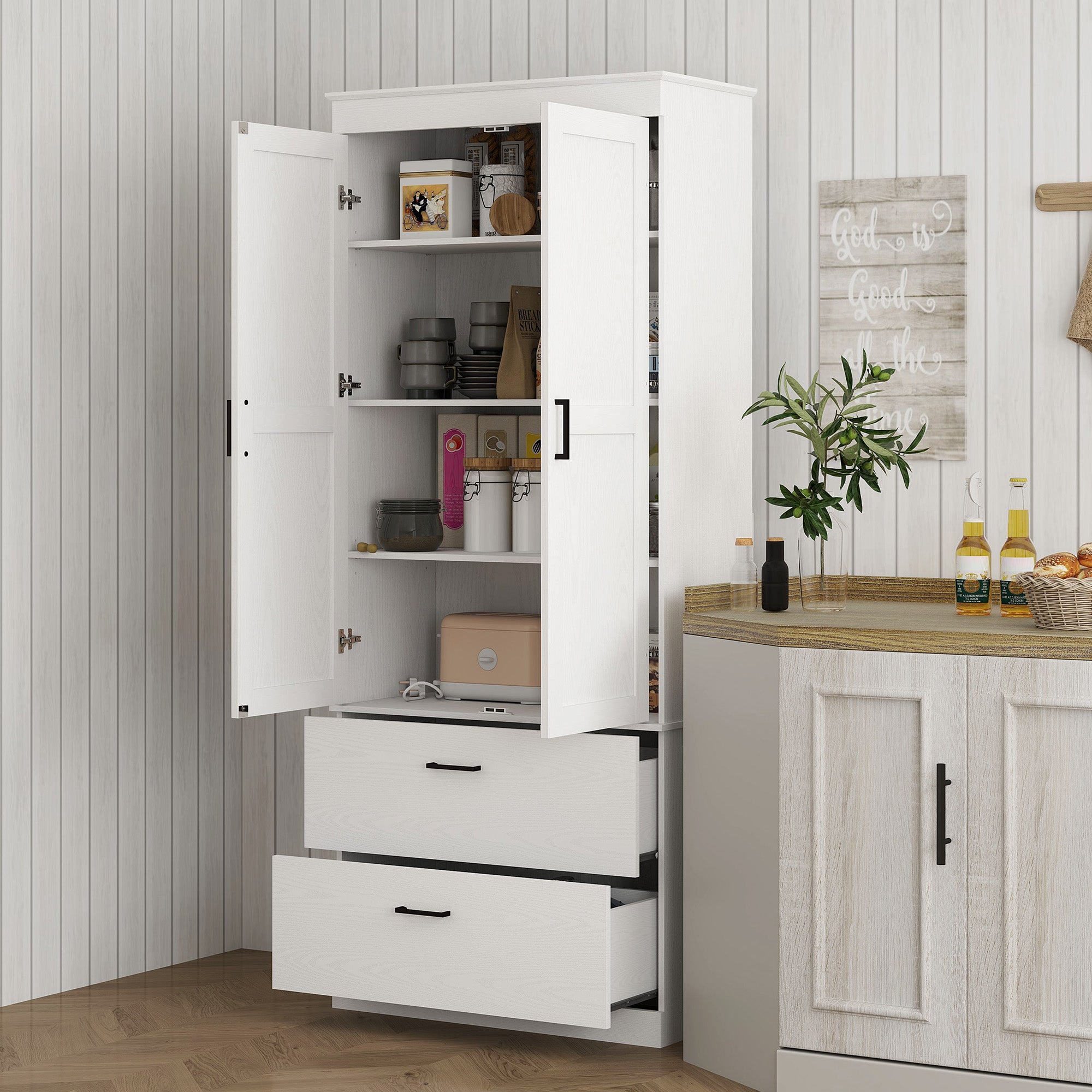 Kitchen Cabinet, Tall Cabinet with Adjustable Shelf, Drawer, Buffet Cabinet Storage Cabinet with Country-style Display Cabinet for Dining Room Kitchen 75x39x178 cm White