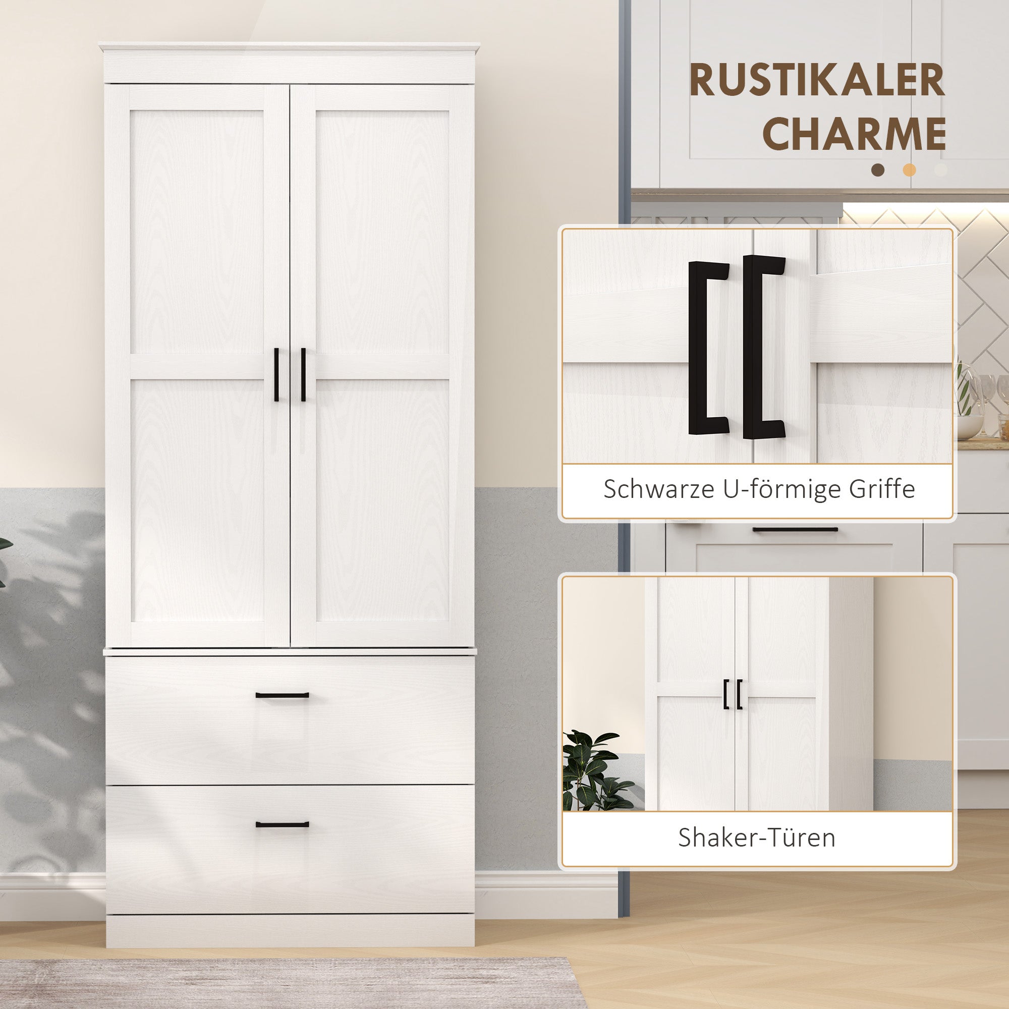 Kitchen Cabinet, Tall Cabinet with Adjustable Shelf, Drawer, Buffet Cabinet Storage Cabinet with Country-style Display Cabinet for Dining Room Kitchen 75x39x178 cm White