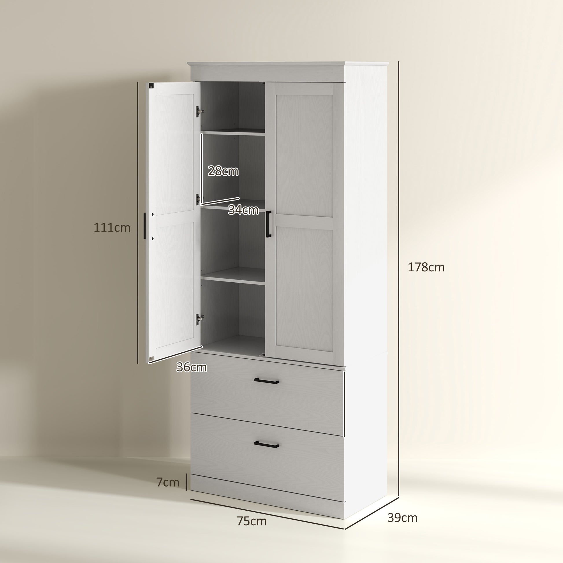 Kitchen Cabinet, Tall Cabinet with Adjustable Shelf, Drawer, Buffet Cabinet Storage Cabinet with Country-style Display Cabinet for Dining Room Kitchen 75x39x178 cm White