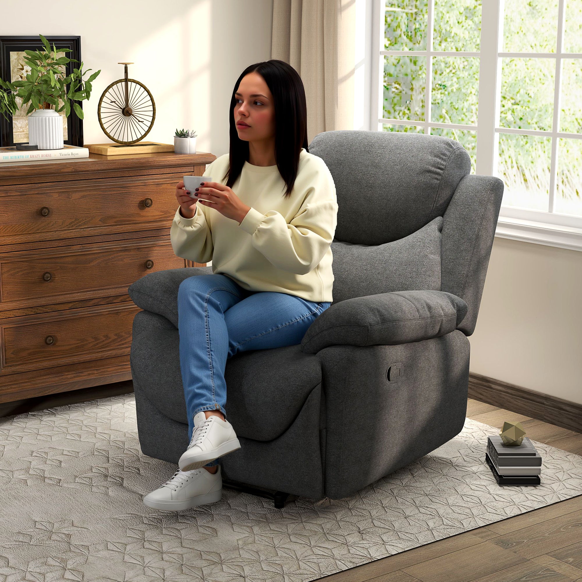 Recliner Chair Single Sofa Bed 150° Adjustable TV Armchair Reclining Chair TV Chair with Sleeping Function for Living Room Linen Dark Gray 93 x 88 x 102 cm