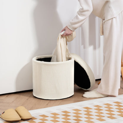 Round Storage Ottoman Storage Box Upholstered in Velvet Padded Seat Removable Lid for Hallway Bedroom Living Room Ø40x41 cm Beige