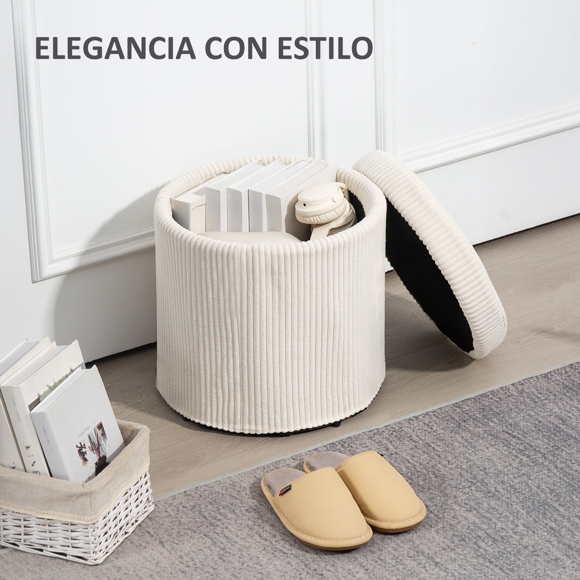 Round Storage Ottoman Storage Box Upholstered in Velvet Padded Seat Removable Lid for Hallway Bedroom Living Room Ø40x41 cm Beige
