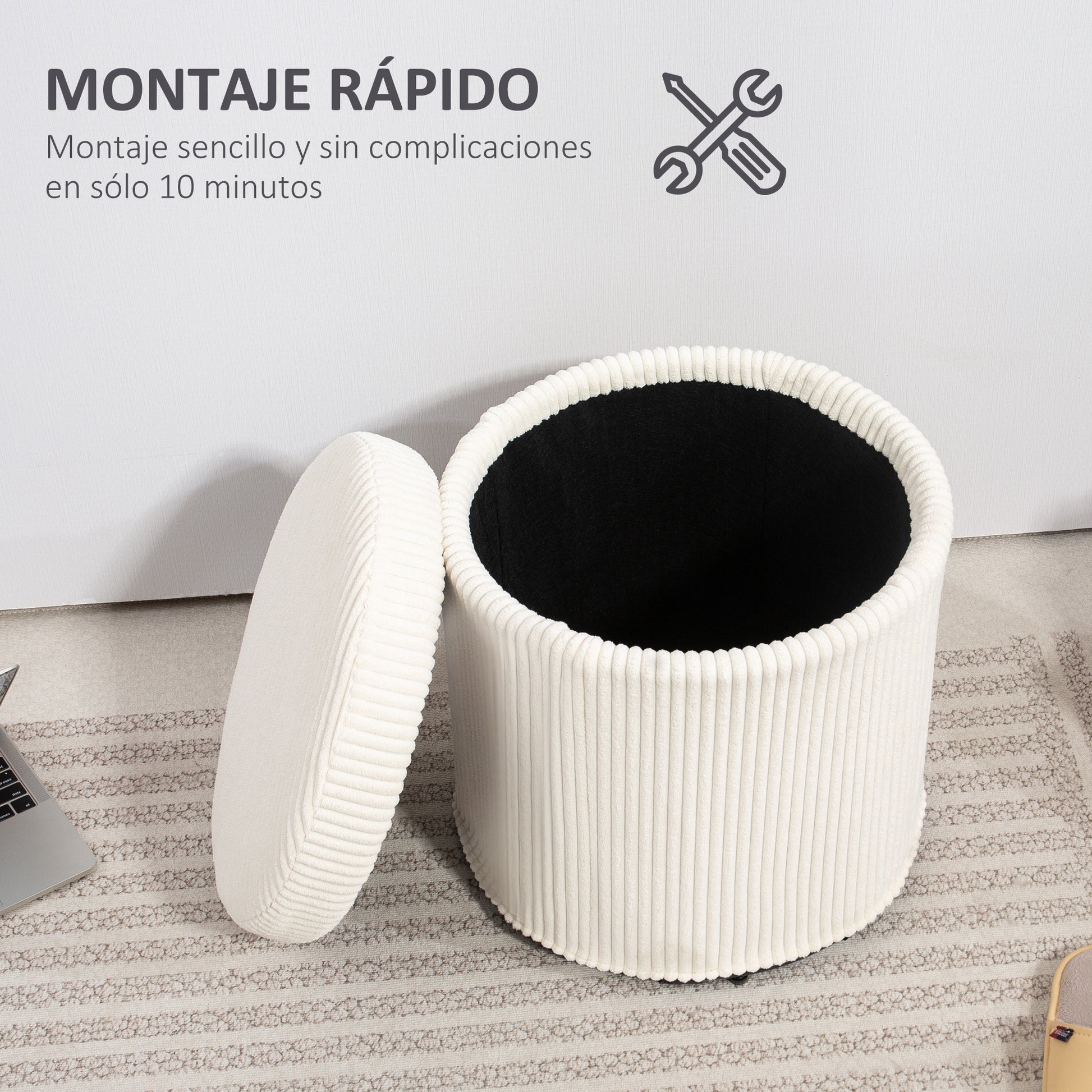 Round Storage Ottoman Storage Box Upholstered in Velvet Padded Seat Removable Lid for Hallway Bedroom Living Room Ø40x41 cm Beige