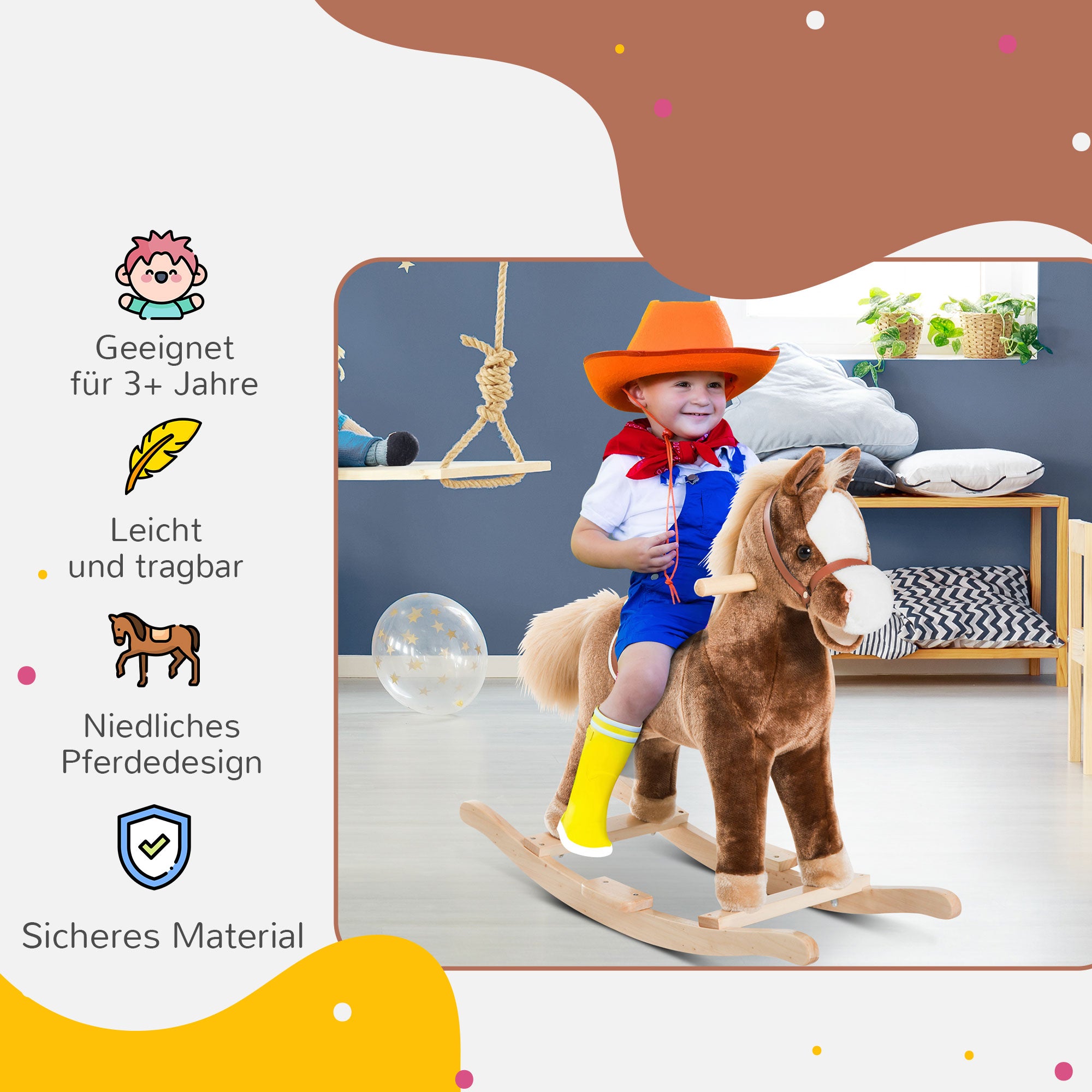 Rocking Horse Baby Rocking Toy Plush Toy Children Plush Rocking Horse Brown L74 x W33 x H62 cm