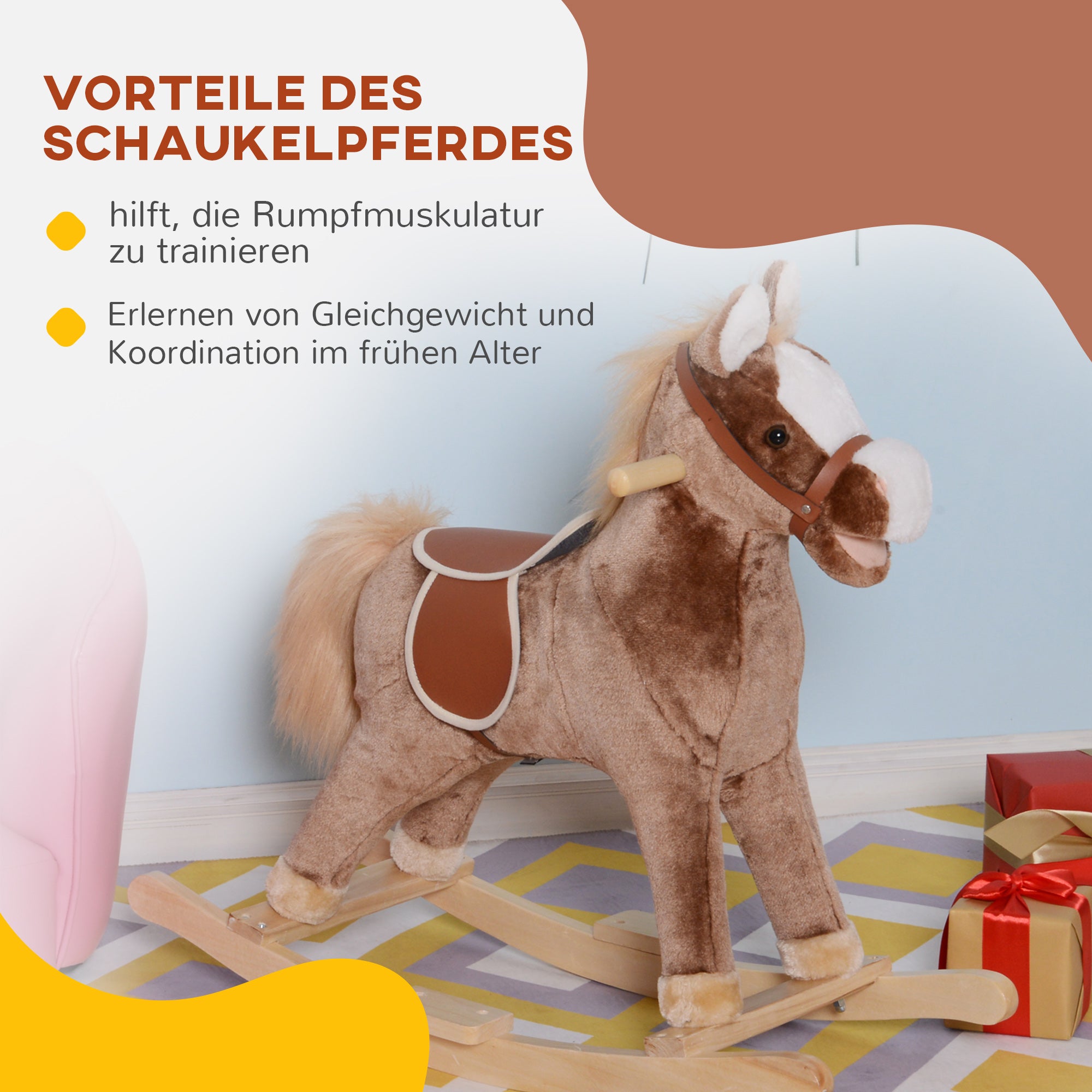 Rocking Horse Baby Rocking Toy Plush Toy Children Plush Rocking Horse Brown L74 x W33 x H62 cm
