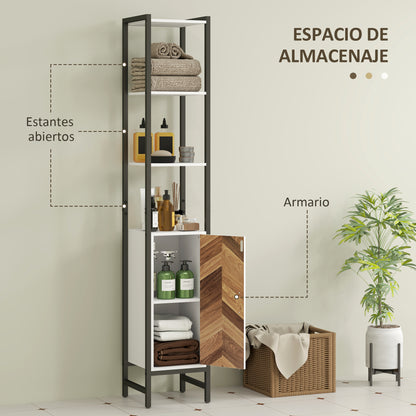 Bathroom Tall Cabinet Bathroom Column with 3 Open Shelves 1 Door and Adjustable Shelf Bathroom Side Cabinet with Anti-Tip System 30x30x170 cm White and Walnut