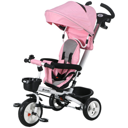 6 in 1 Tricycle with Push Handle, Foldable, Kids Tricycle with Safety Belt, Removable Sun Shade, Basket, Cup Holder, Pedal, for 1-5 Years Children, up to 25 kg, Pink