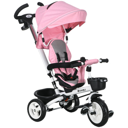 6 in 1 Tricycle with Push Handle, Foldable, Kids Tricycle with Safety Belt, Removable Sun Shade, Basket, Cup Holder, Pedal, for 1-5 Years Children, up to 25 kg, Pink