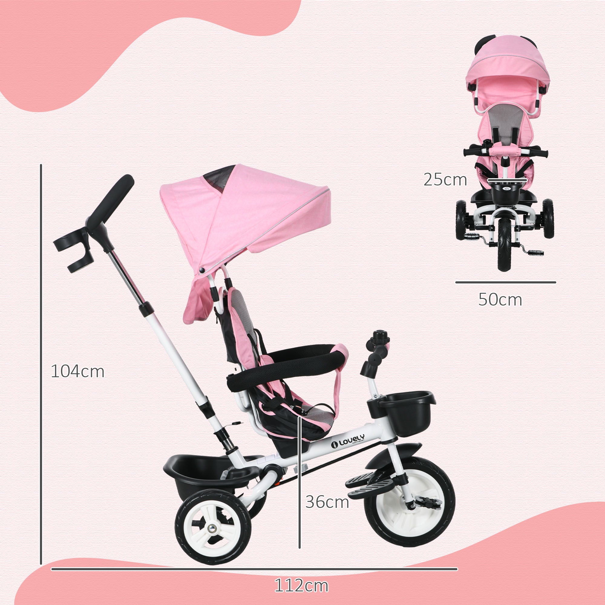 6 in 1 Tricycle with Push Handle, Foldable, Kids Tricycle with Safety Belt, Removable Sun Shade, Basket, Cup Holder, Pedal, for 1-5 Years Children, up to 25 kg, Pink