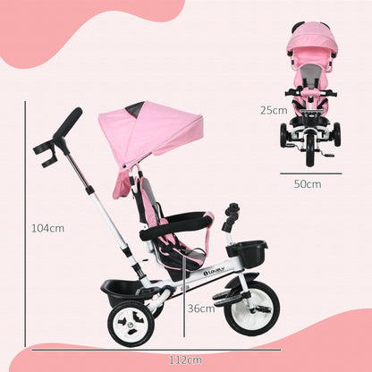 6 in 1 Tricycle with Push Handle, Foldable, Kids Tricycle with Safety Belt, Removable Sun Shade, Basket, Cup Holder, Pedal, for 1-5 Years Children, up to 25 kg, Pink