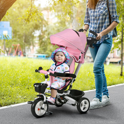 6 in 1 Tricycle with Push Handle, Foldable, Kids Tricycle with Safety Belt, Removable Sun Shade, Basket, Cup Holder, Pedal, for 1-5 Years Children, up to 25 kg, Pink