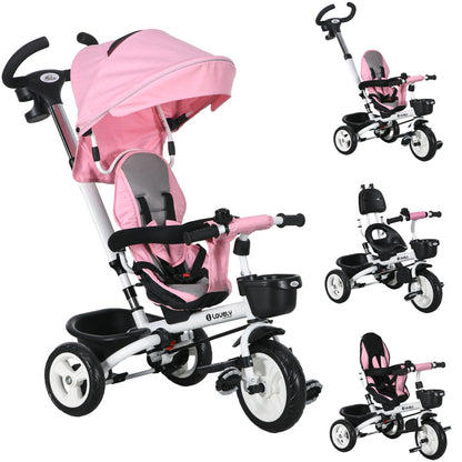 6 in 1 Tricycle with Push Handle, Foldable, Kids Tricycle with Safety Belt, Removable Sun Shade, Basket, Cup Holder, Pedal, for 1-5 Years Children, up to 25 kg, Pink