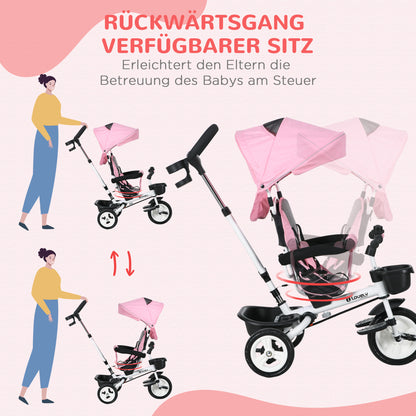 6 in 1 Tricycle with Push Handle, Foldable, Kids Tricycle with Safety Belt, Removable Sun Shade, Basket, Cup Holder, Pedal, for 1-5 Years Children, up to 25 kg, Pink