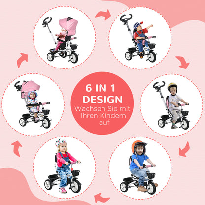 6 in 1 Tricycle with Push Handle, Foldable, Kids Tricycle with Safety Belt, Removable Sun Shade, Basket, Cup Holder, Pedal, for 1-5 Years Children, up to 25 kg, Pink