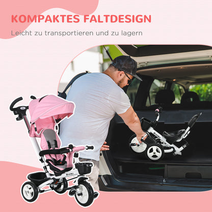 6 in 1 Tricycle with Push Handle, Foldable, Kids Tricycle with Safety Belt, Removable Sun Shade, Basket, Cup Holder, Pedal, for 1-5 Years Children, up to 25 kg, Pink