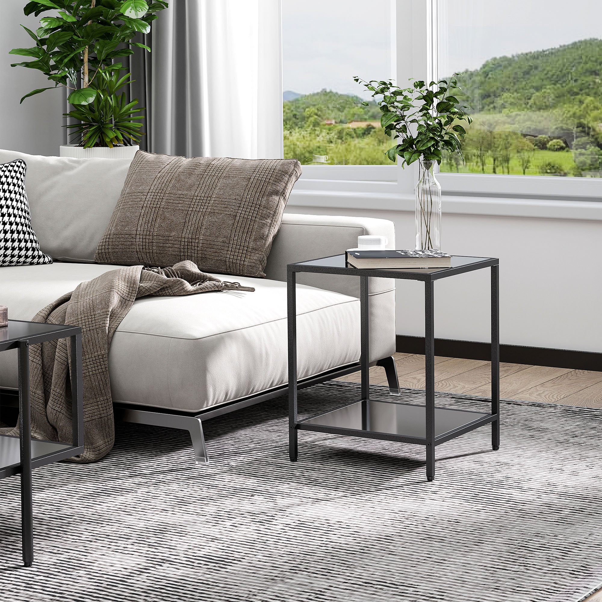 Side Table Square Coffee Table with 2 Levels, Living Room Table made of Tempered Glass and Steel, Coffee Table for Living Room Bedroom 40 x 40 x 50 cm Black