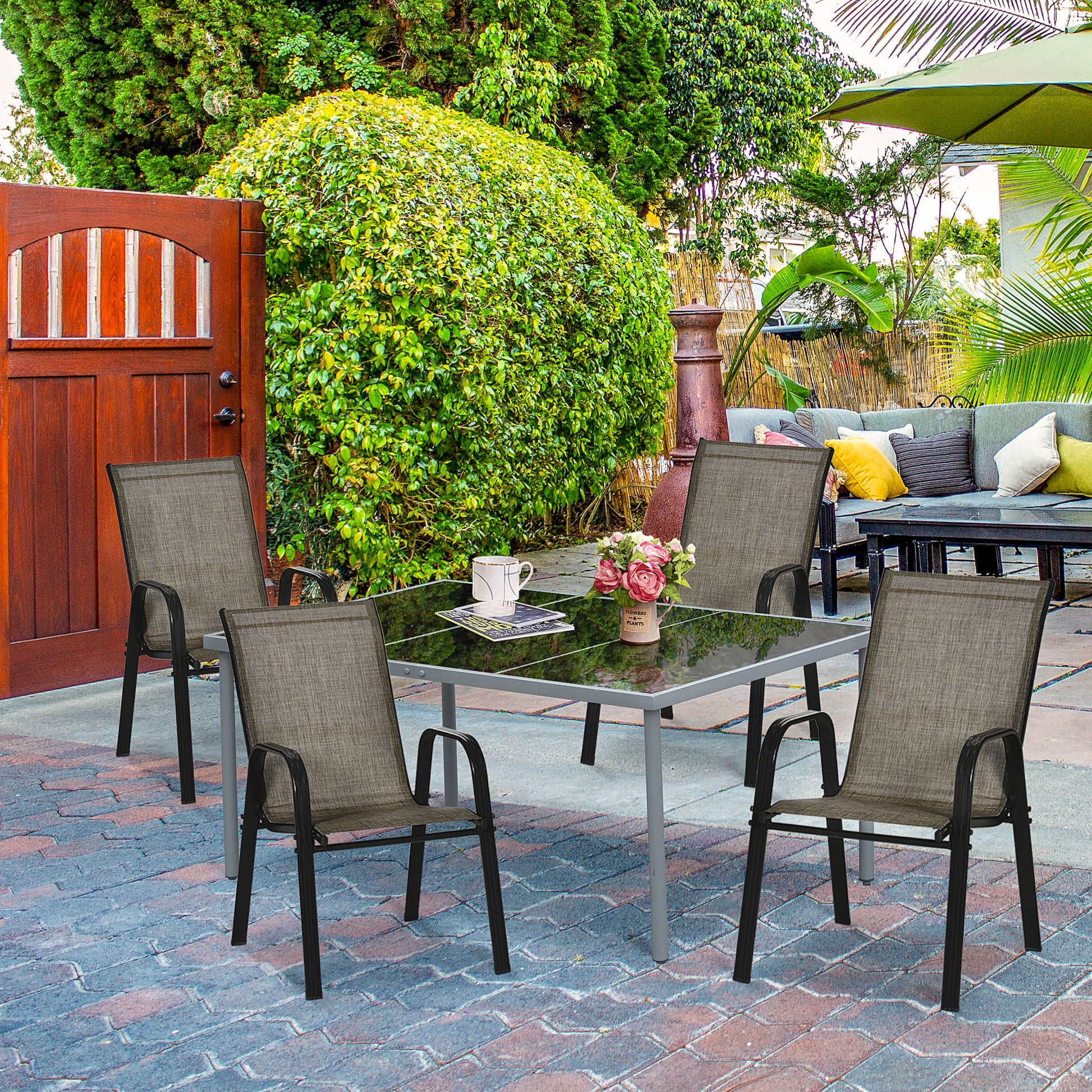 Set of 4 Stackable Space-Saving Garden Chairs, Outdoor Chairs with Armrests in Metal and Breathable Fabric, Brown