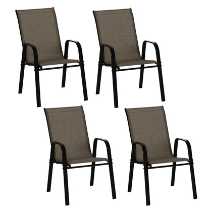 Set of 4 Stackable Space-Saving Garden Chairs, Outdoor Chairs with Armrests in Metal and Breathable Fabric, Brown