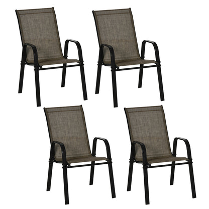 Set of 4 Stackable Space-Saving Garden Chairs, Outdoor Chairs with Armrests in Metal and Breathable Fabric, Brown