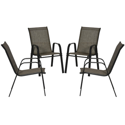 Set of 4 Stackable Space-Saving Garden Chairs, Outdoor Chairs with Armrests in Metal and Breathable Fabric, Brown