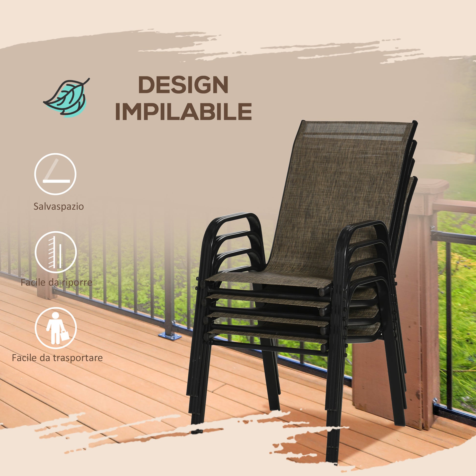 Set of 4 Stackable Space-Saving Garden Chairs, Outdoor Chairs with Armrests in Metal and Breathable Fabric, Brown