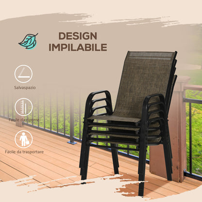 Set of 4 Stackable Space-Saving Garden Chairs, Outdoor Chairs with Armrests in Metal and Breathable Fabric, Brown