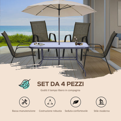 Set of 4 Stackable Space-Saving Garden Chairs, Outdoor Chairs with Armrests in Metal and Breathable Fabric, Brown