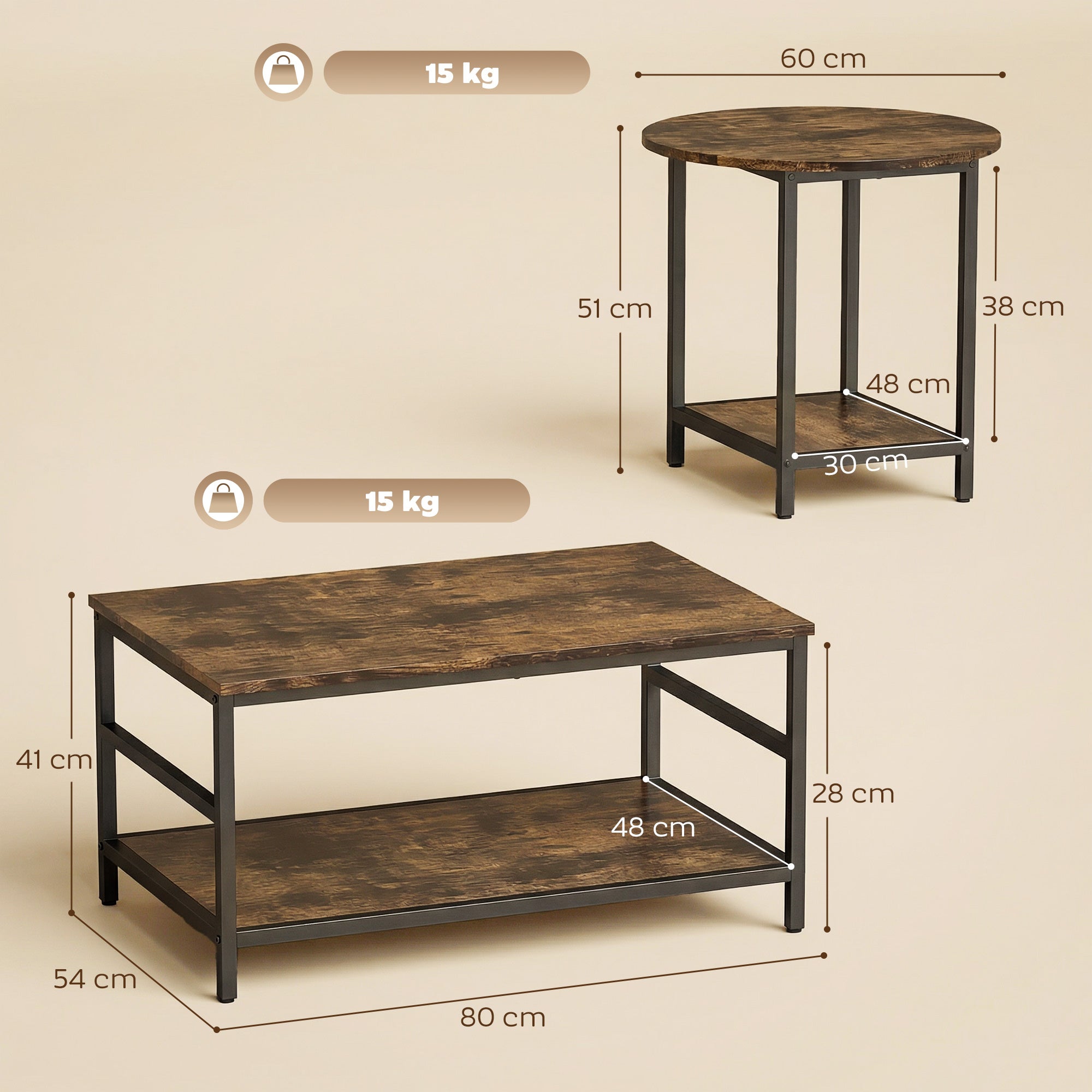 2-Piece Coffee & Side Table Set with Shelves, Modern Rustic Brown Living Room Tables with Black Steel Frame