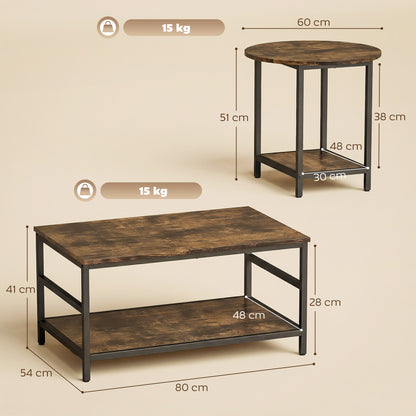 2-Piece Coffee & Side Table Set with Shelves, Modern Rustic Brown Living Room Tables with Black Steel Frame