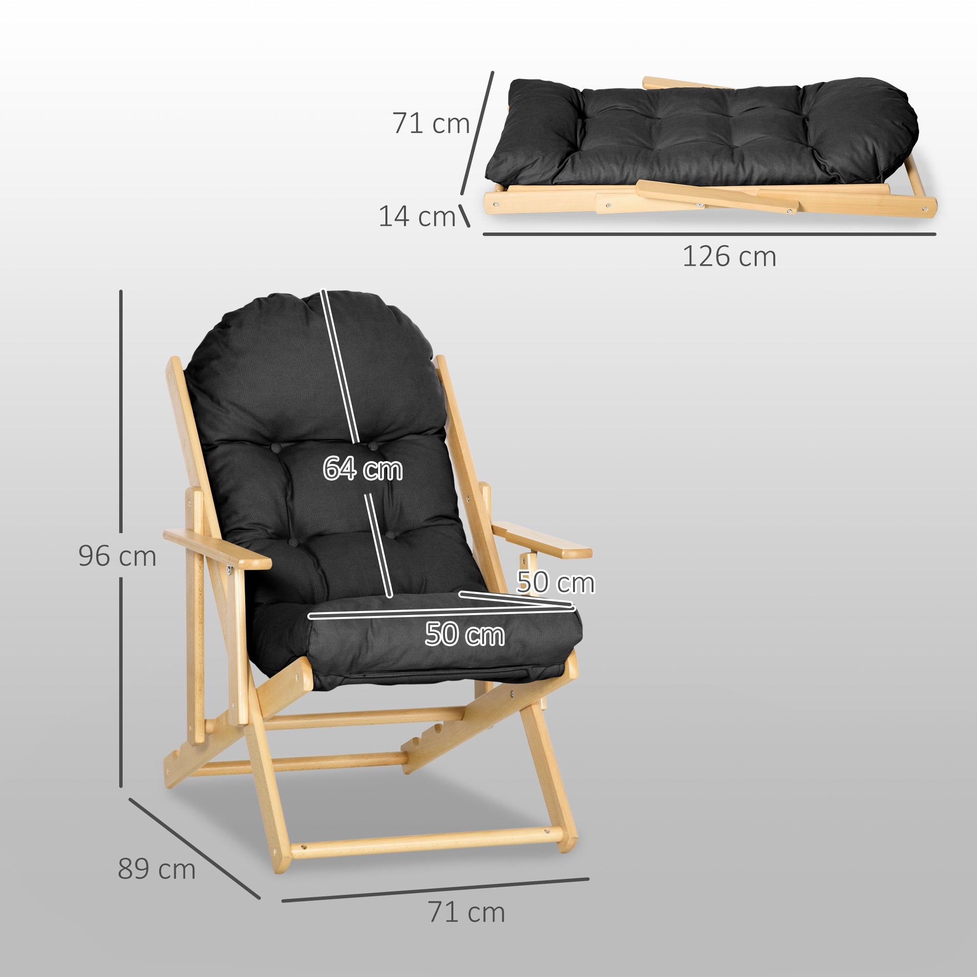 Foldable and Reclining Wooden Lounge Chair with Thick Padded Tufted Cushion - 71 x 89 x 96 cm Black