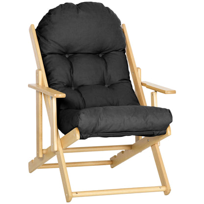 Foldable and Reclining Wooden Lounge Chair with Thick Padded Tufted Cushion - 71 x 89 x 96 cm Black