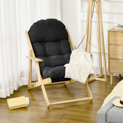Foldable and Reclining Wooden Lounge Chair with Thick Padded Tufted Cushion - 71 x 89 x 96 cm Black
