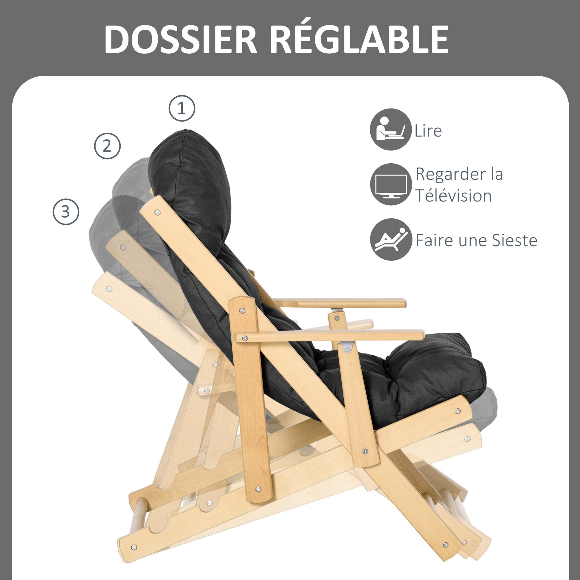 Foldable and Reclining Wooden Lounge Chair with Thick Padded Tufted Cushion - 71 x 89 x 96 cm Black