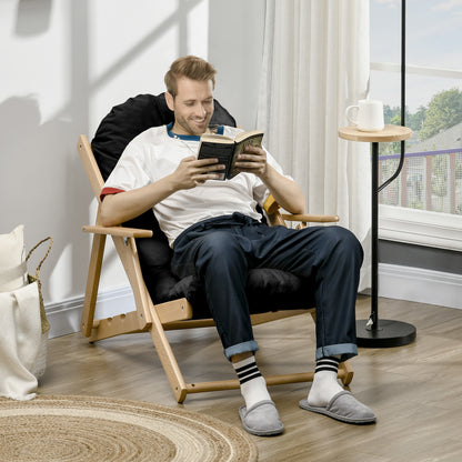 Foldable and Reclining Wooden Lounge Chair with Thick Padded Tufted Cushion - 71 x 89 x 96 cm Black