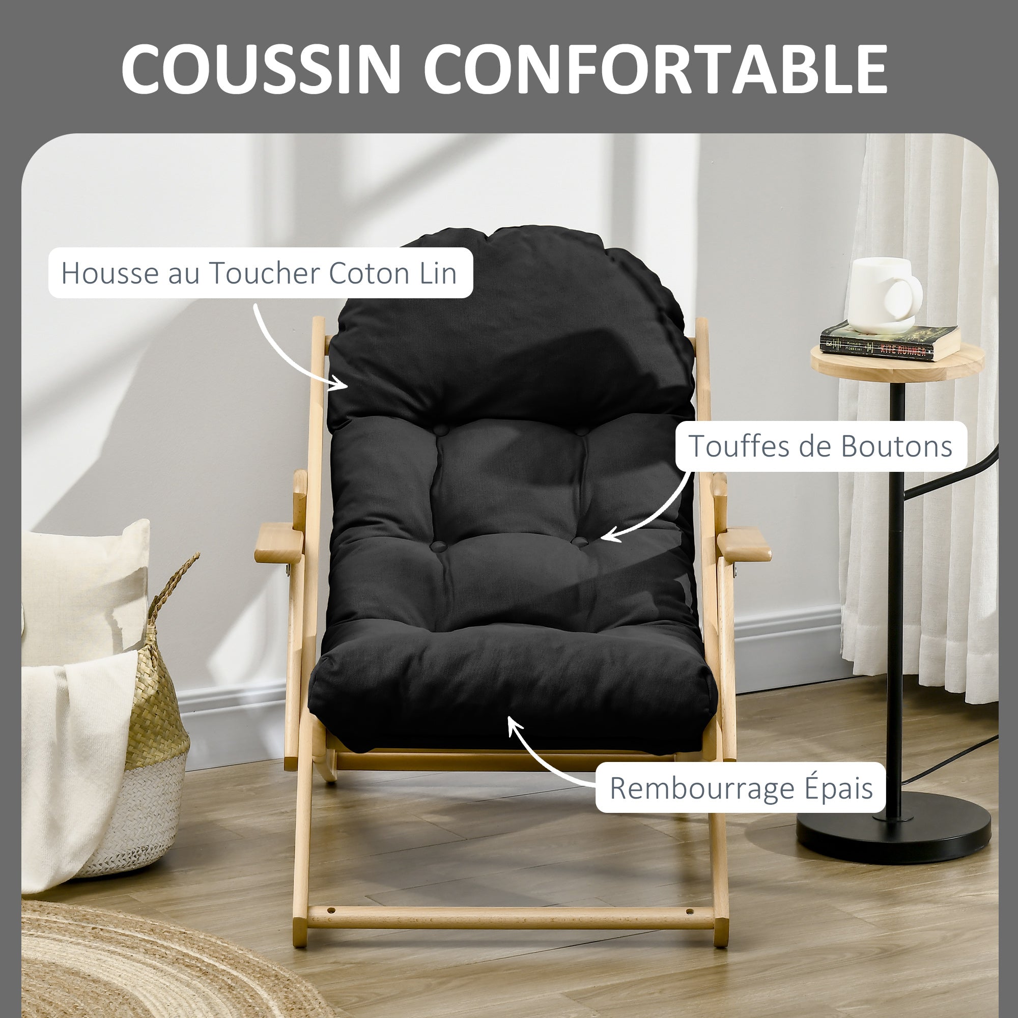 Foldable and Reclining Wooden Lounge Chair with Thick Padded Tufted Cushion - 71 x 89 x 96 cm Black