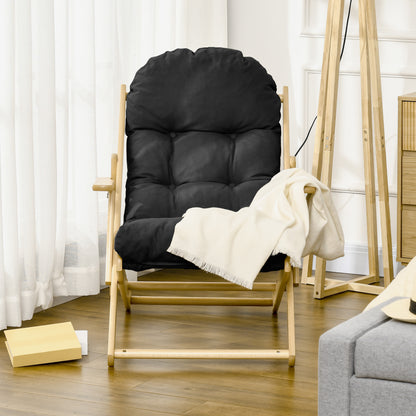 Foldable and Reclining Wooden Lounge Chair with Thick Padded Tufted Cushion - 71 x 89 x 96 cm Black
